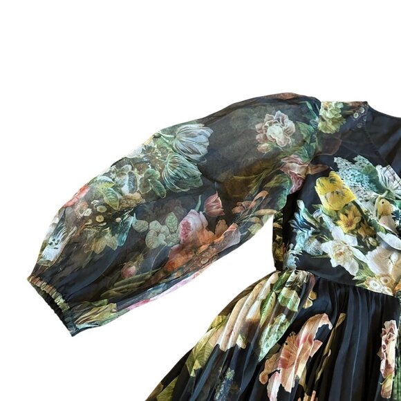 Pankaj & Nidhi Anthro Chiffon Floral Print Dress Long Sleeve Pleated Size Medium - Picture 5 of 16